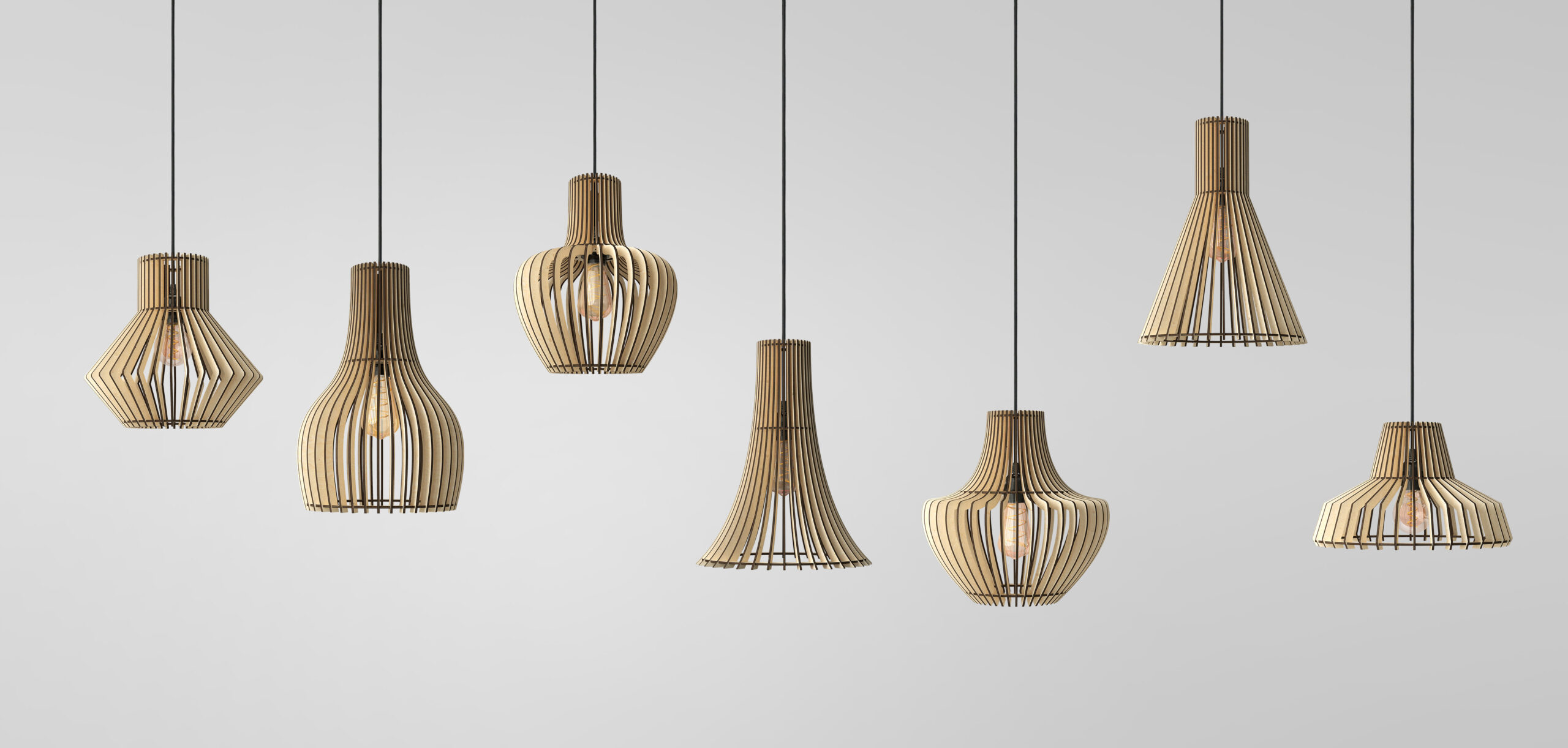 Une collection de suspensions en bois avec des formes variées